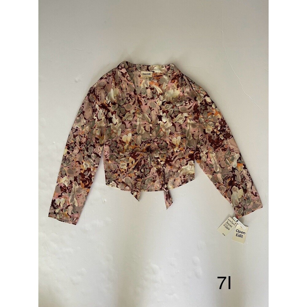 Open Edit Womens Sz‎ S Pink Painted Floral Abstract Print Cropped Blouse NWT